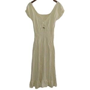 VTG Sz S/M Midi Dress Lace Up VNeck Smocked Bodice Cottagecore Milkmaid Coquette